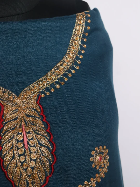 Aneesa Kashmiri Dress Material With Botte Tilla Work And Dupatta In Cotswool 3Pc | Blue - Image 3