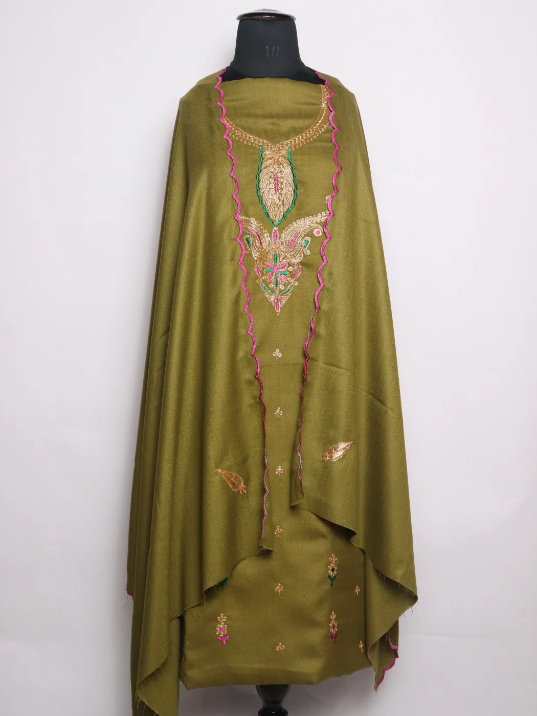 Kashmiri Dress Material With Botte Tilla Work And Dupatta In Green Cotswool 3Pc | Aneesa