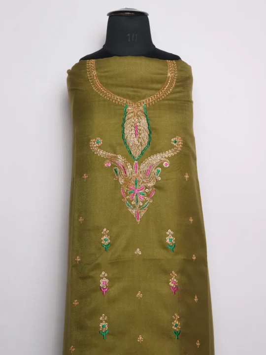 Kashmiri Dress Material With Botte Tilla Work And Dupatta In Green Cotswool 3Pc | Aneesa - Image 2