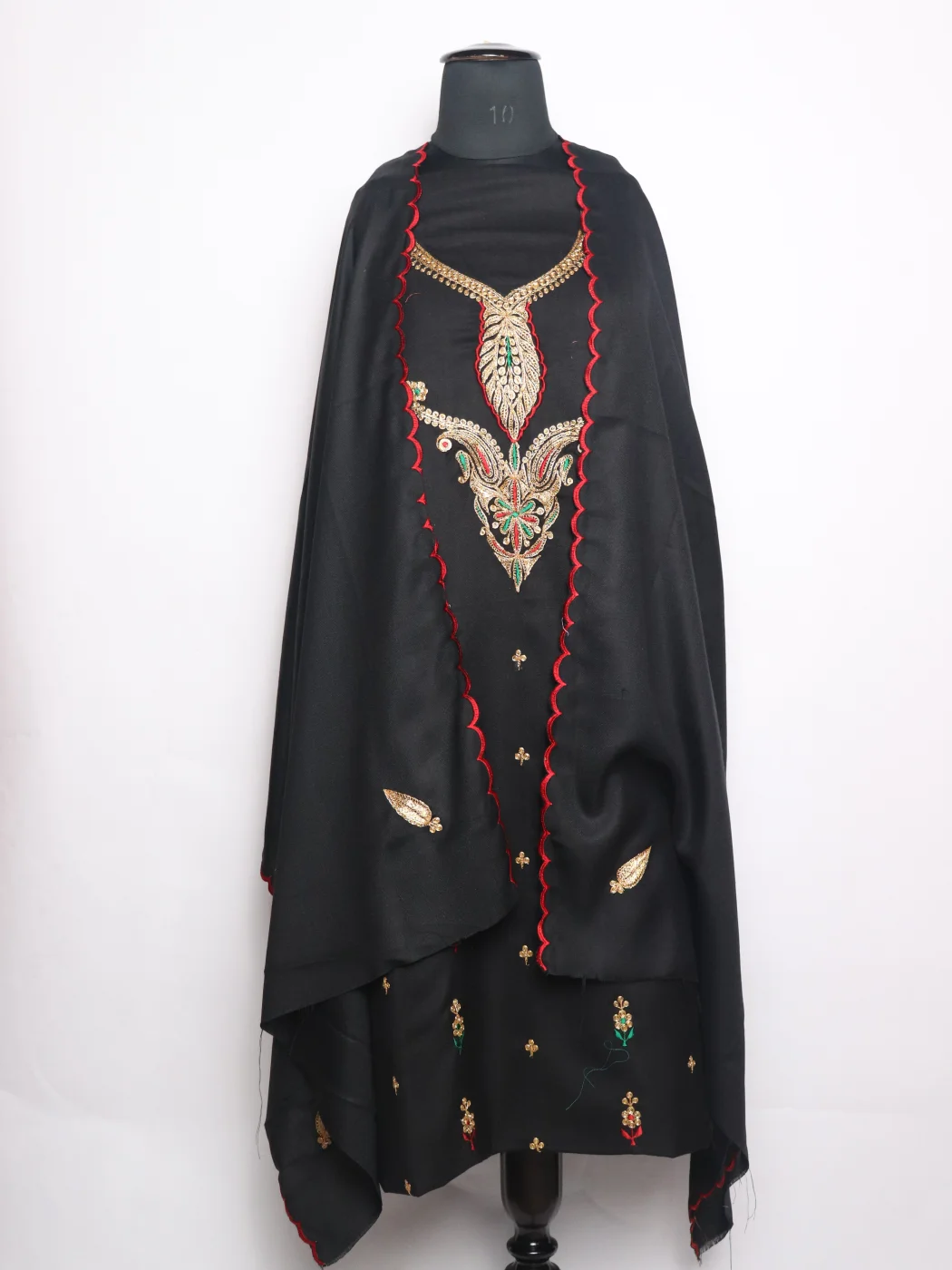 Aneesa Kashmiri Dress Material In Cotswool With Botte Tilla Work And Dupatta 3Pc | Black