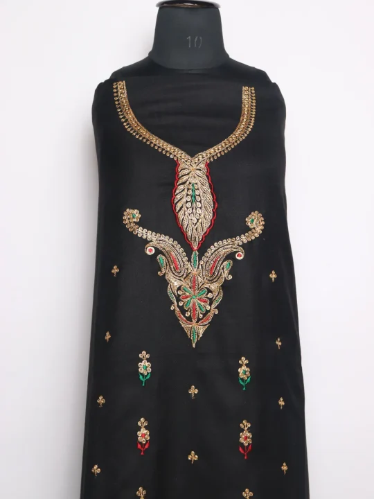 Aneesa Kashmiri Dress Material In Cotswool With Botte Tilla Work And Dupatta 3Pc | Black - Image 2