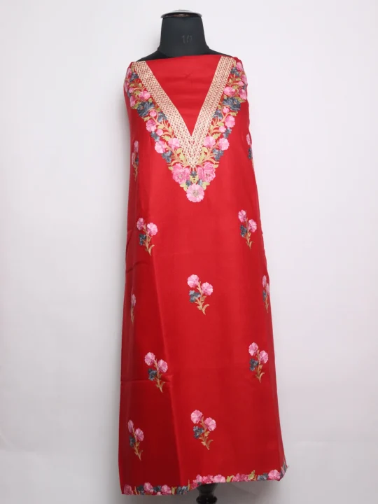 Kashmiri Suit In Red Cashmilon With Aari Embroidery 2Pc | Noor