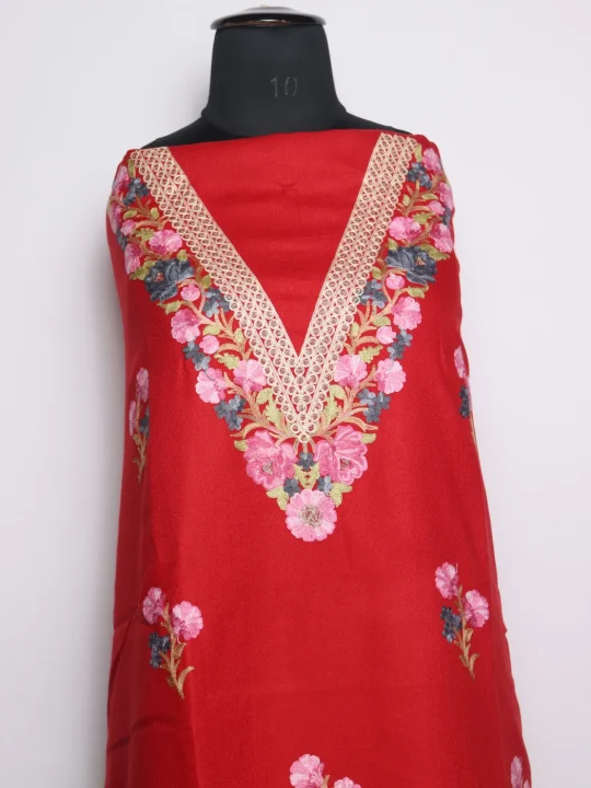 Kashmiri Suit In Red Cashmilon With Aari Embroidery 2Pc | Noor - Image 2