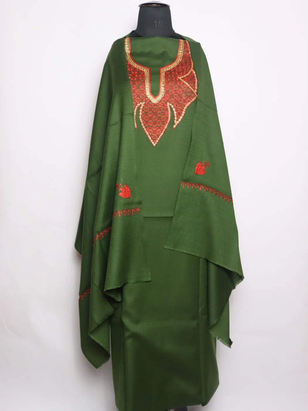 Huda Kashmiri Suit In Wool With Hand Sozni Tilla Work And Dupatta 3Pc | Green