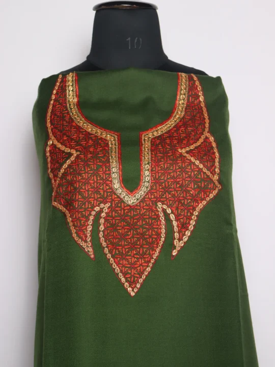 Huda Kashmiri Suit In Wool With Hand Sozni Tilla Work And Dupatta 3Pc | Green - Image 2