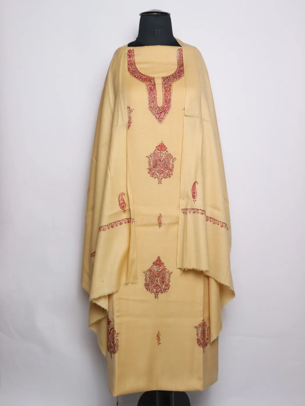 Kashmiri Suit In Cream Wool With Hand Sozni Work And Dupatta 3Pc | Huda