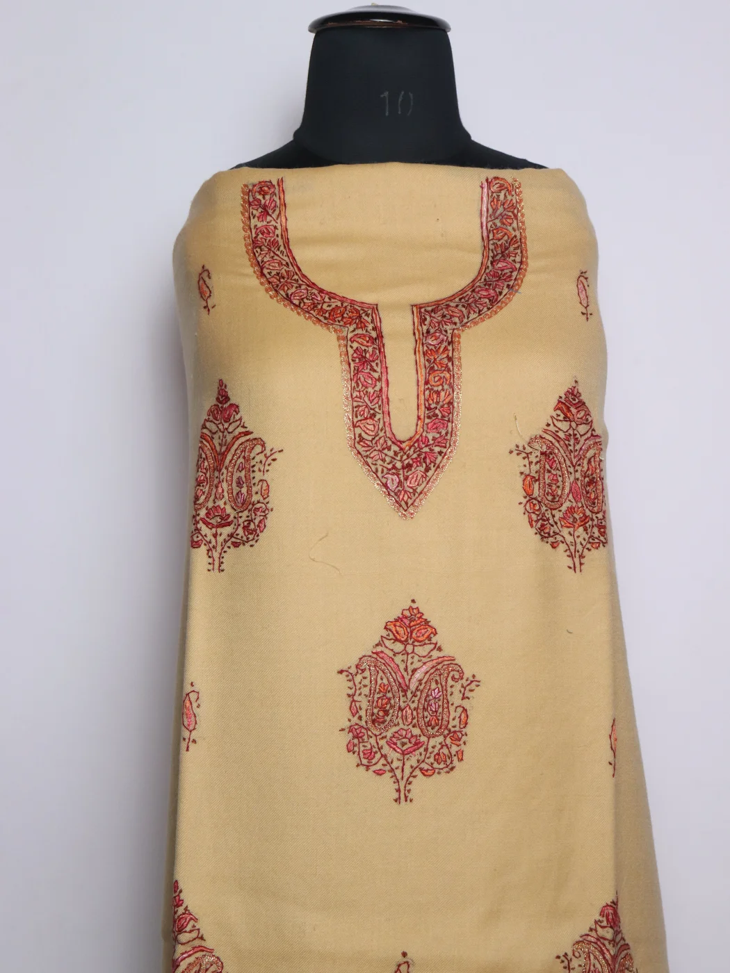 Kashmiri Suit In Cream Wool With Hand Sozni Work And Dupatta 3Pc | Huda - Image 2