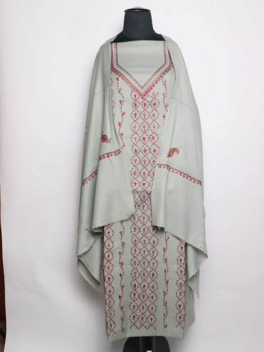 Huda Kashmiri Suit With Hand Sozni Work And Dupatta In Wool 3Pc | Grey