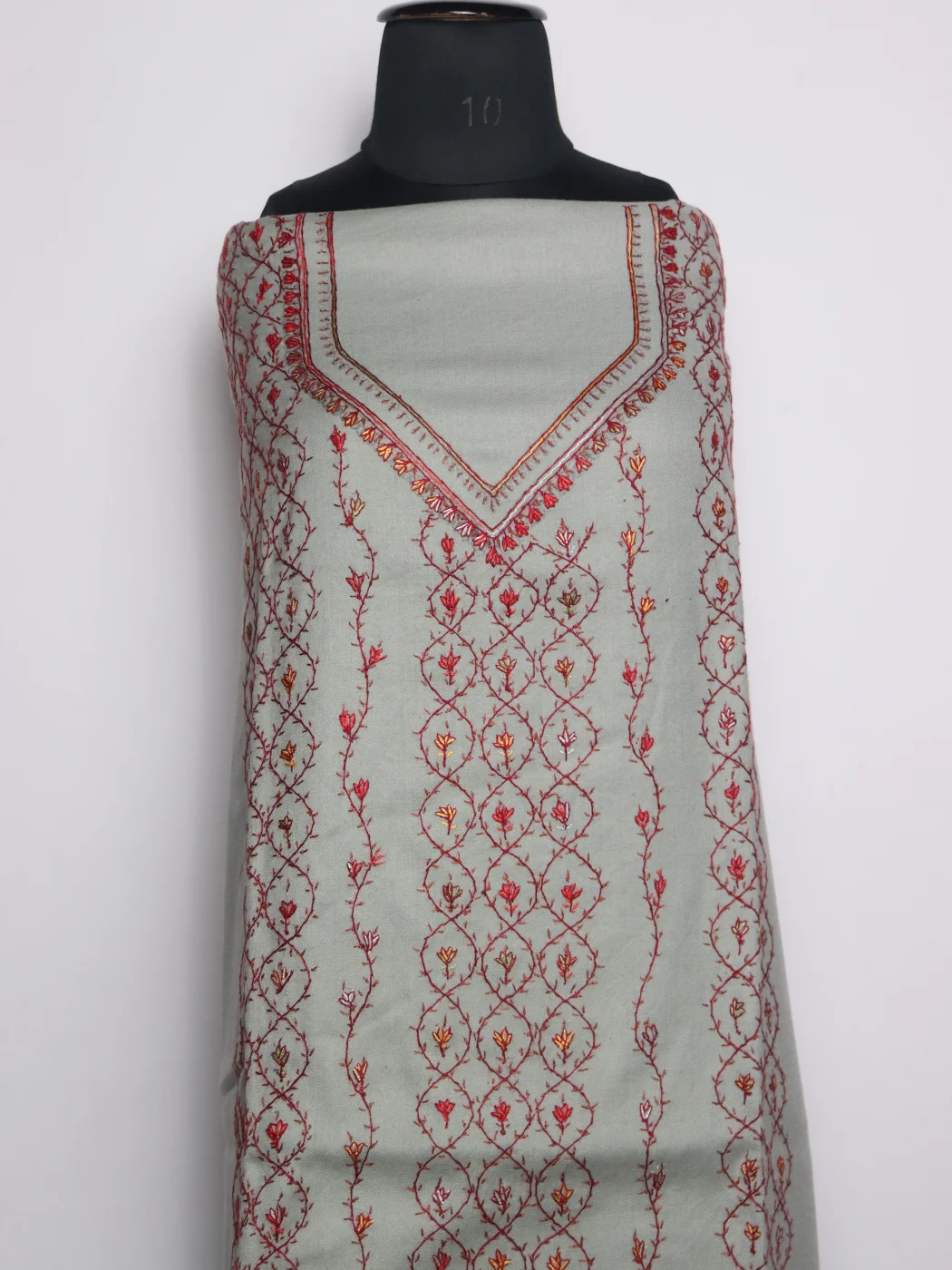 Huda Kashmiri Suit With Hand Sozni Work And Dupatta In Wool 3Pc | Grey - Image 2