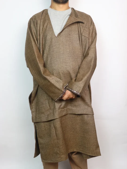 Shams Kashmiri Tweed Brown Pandit Style Loose Pheran for Men