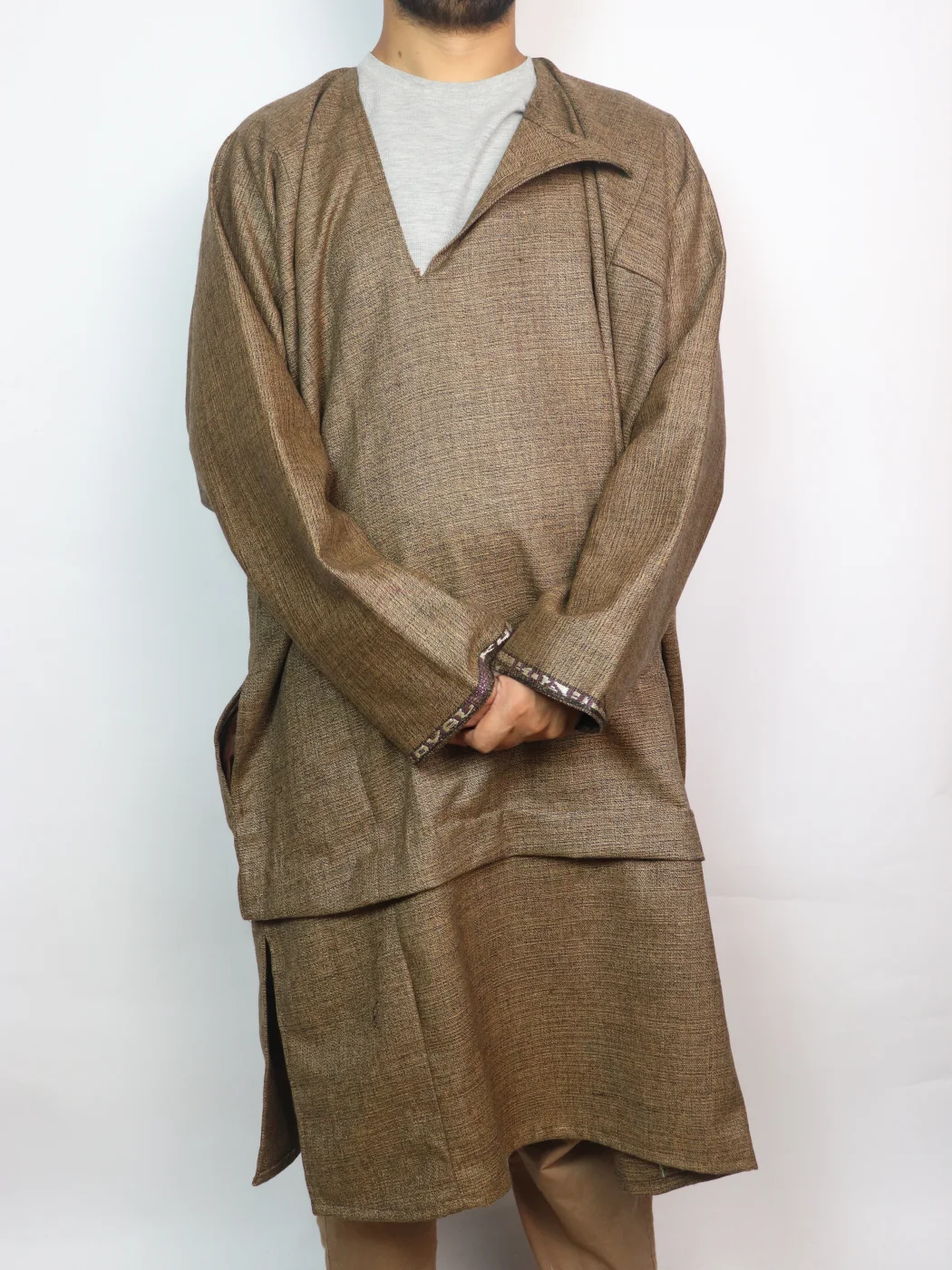 Shams Kashmiri Tweed Brown Pandit Style Loose Pheran for Men