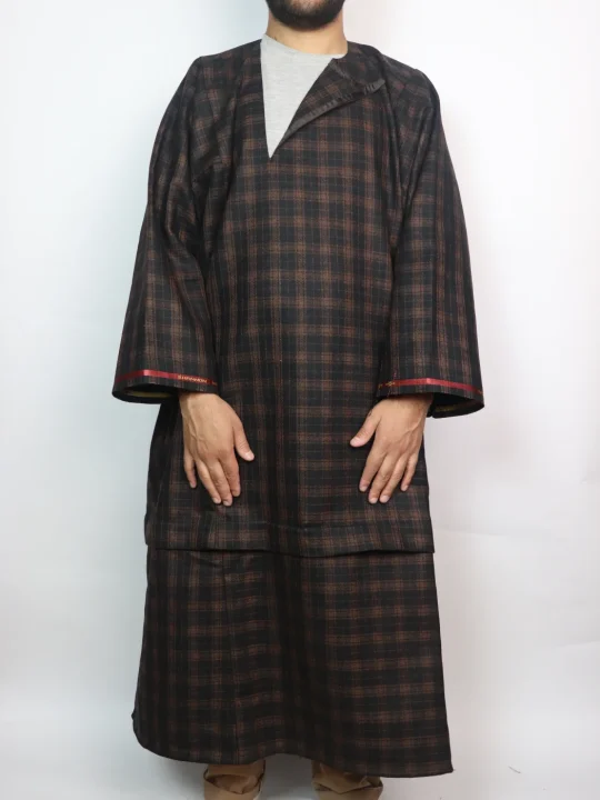 Kashmiri Tweed Check Pandit Style Loose Pheran for Men