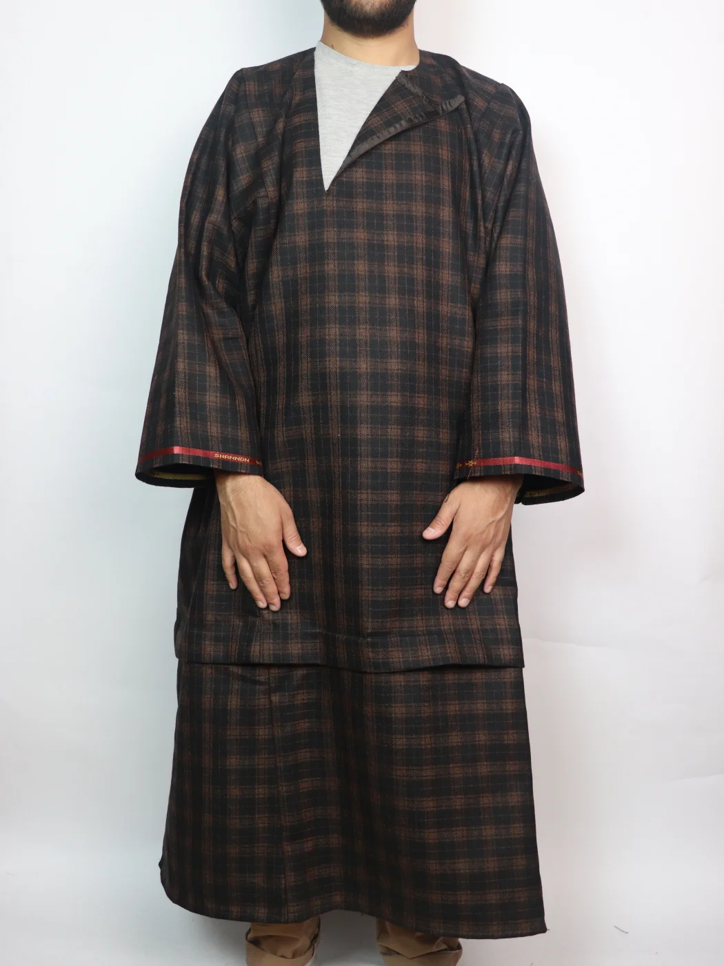 Kashmiri Tweed Check Pandit Style Loose Pheran for Men