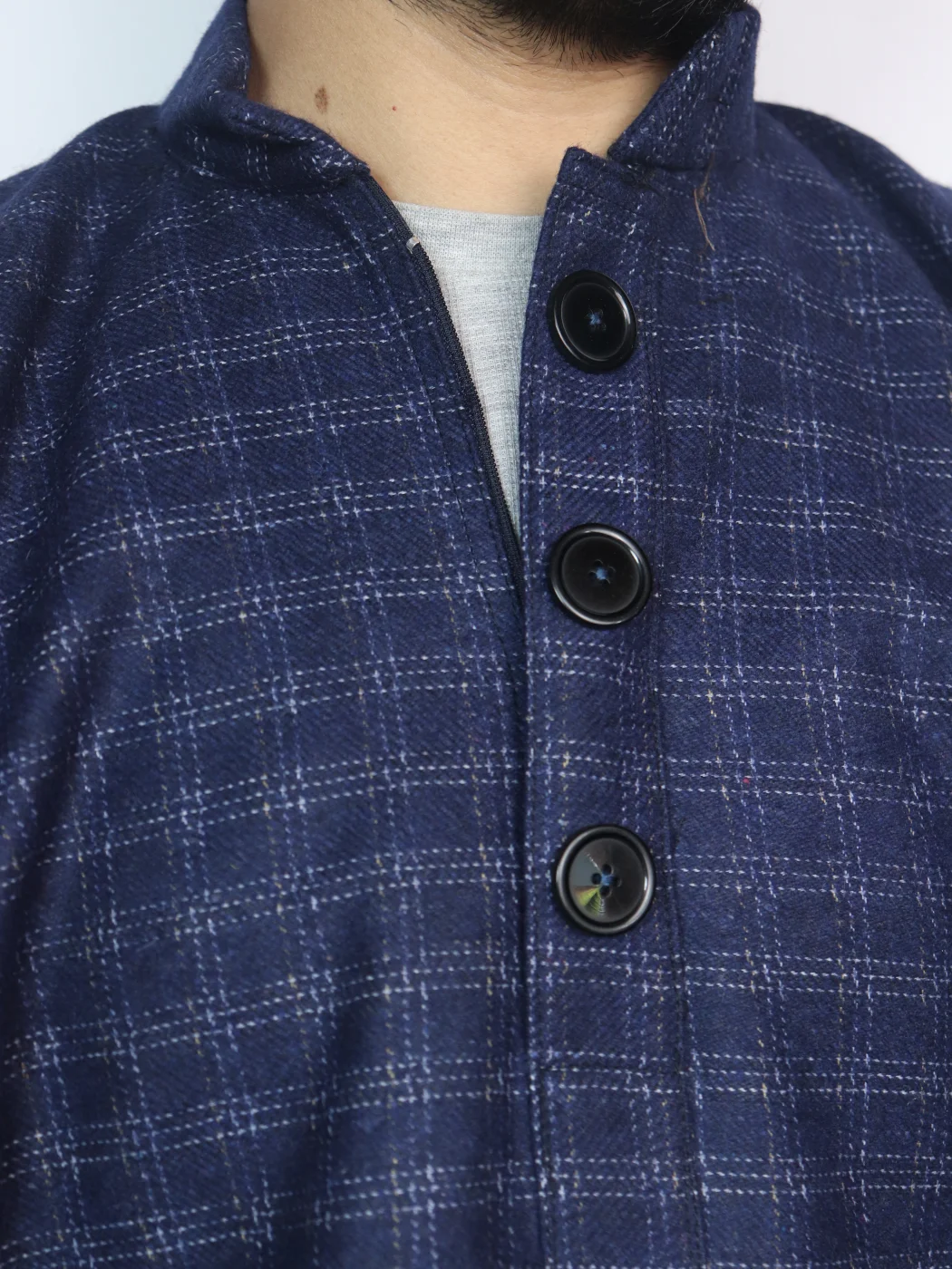 Owais Kashmiri Check Tweed Pheran for Men In Navy-Blue - Image 3