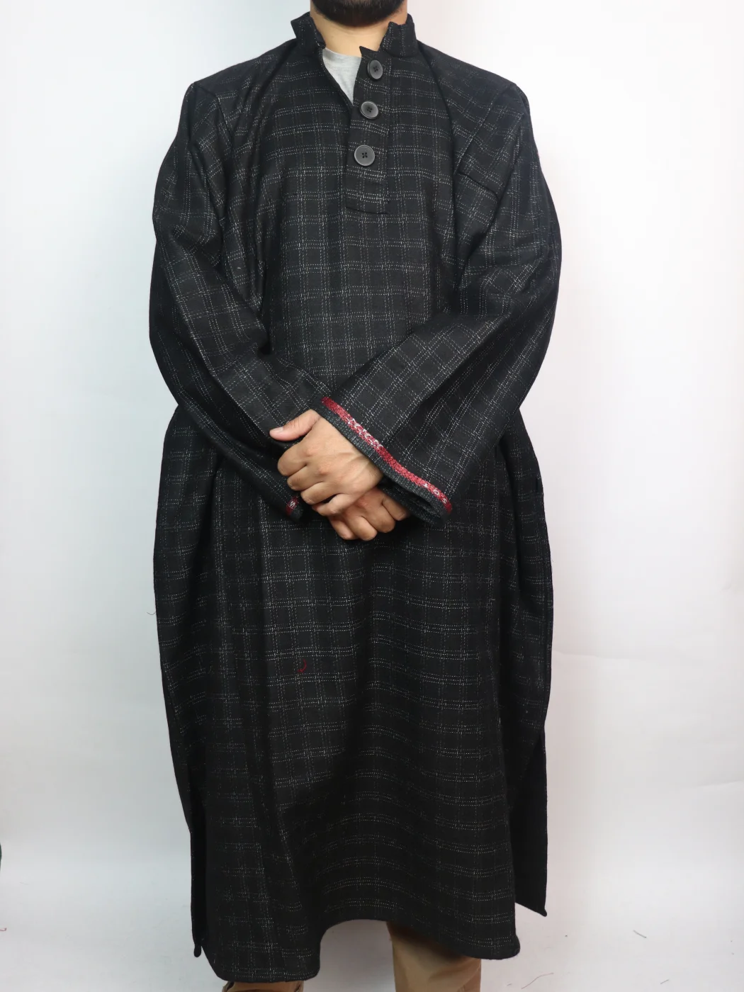 Rayees Kashmiri Check Tweed Pheran for Men | Black