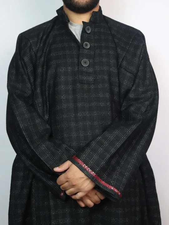 Rayees Kashmiri Check Tweed Pheran for Men | Black - Image 2