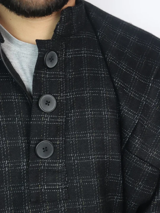 Rayees Kashmiri Check Tweed Pheran for Men | Black - Image 3