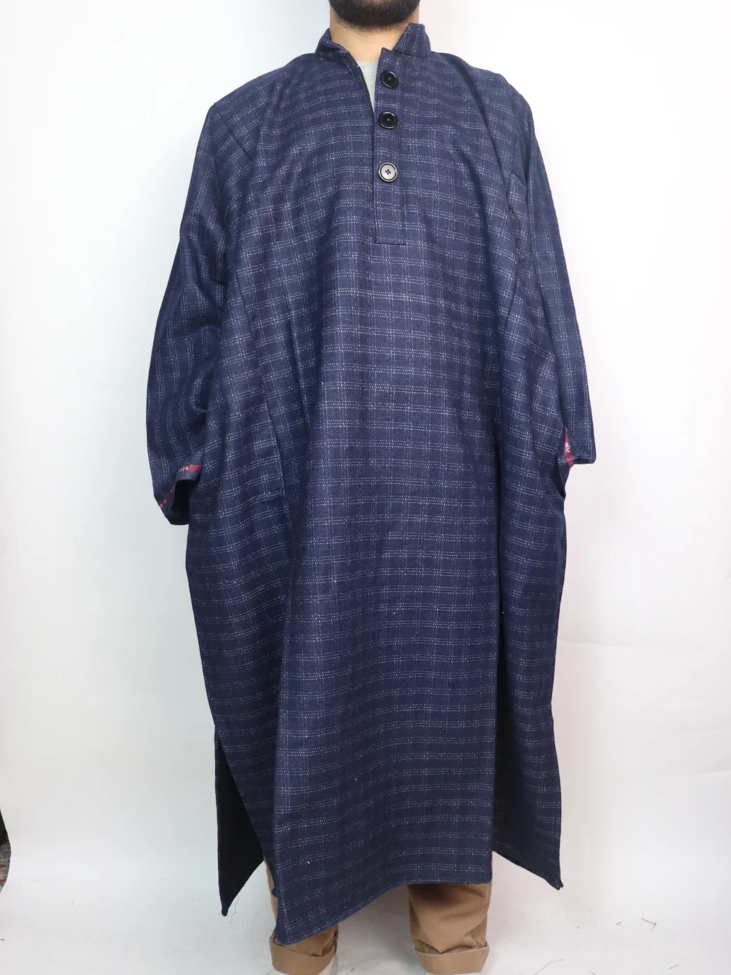 Owais Kashmiri Check Tweed Pheran for Men In Navy-Blue