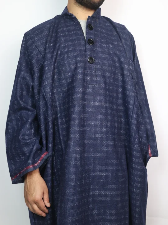 Owais Kashmiri Check Tweed Pheran for Men In Navy-Blue - Image 2