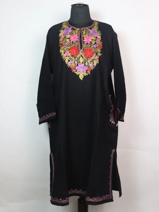 Sana Kashmiri Pheran In Cashmilon wool With Aari Embroidery | Black