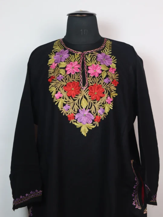 Sana Kashmiri Pheran In Cashmilon wool With Aari Embroidery | Black - Image 2