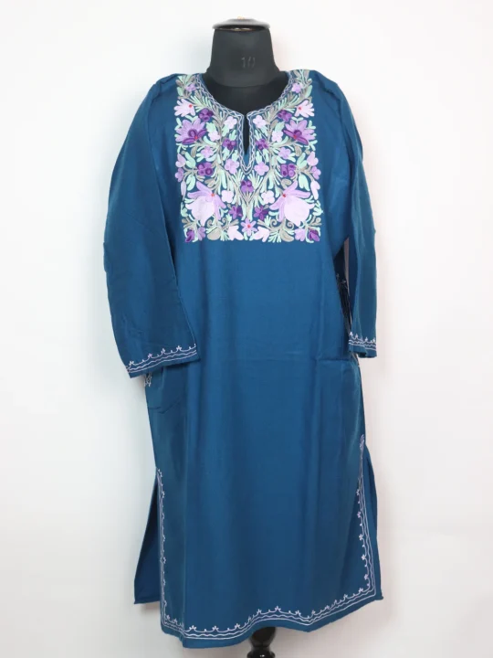Kashmiri Cashmilon Pheran In Blue for Women Gulshan With Aari Work