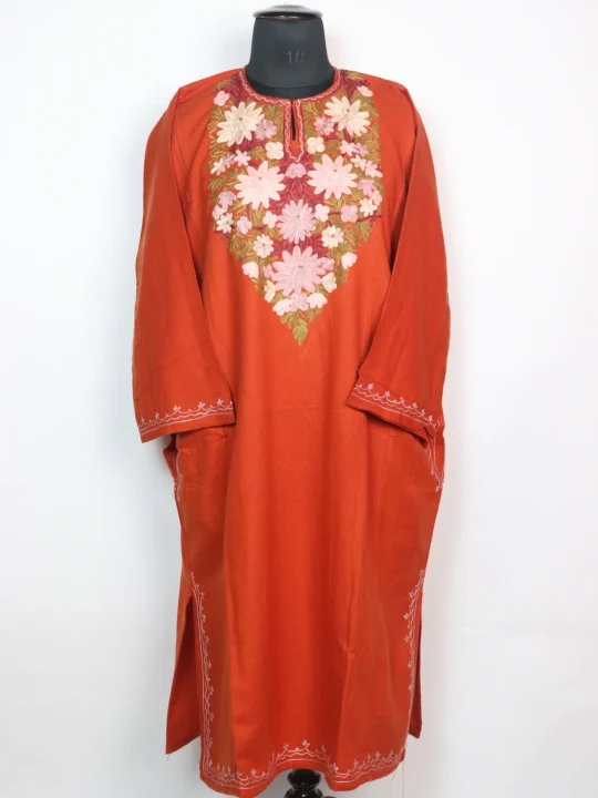 Kashmiri Pheran In Orange Cashmilon for Women With Aari Kaam Mehar