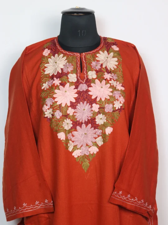 Kashmiri Pheran In Orange Cashmilon for Women With Aari Kaam Mehar - Image 2
