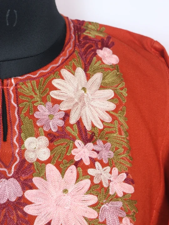 Kashmiri Pheran In Orange Cashmilon for Women With Aari Kaam Mehar - Image 3