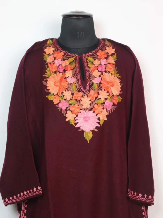 Zoon Kashmiri Pheran In Wine Cashmilon for Women With Aari Kaam - Image 2