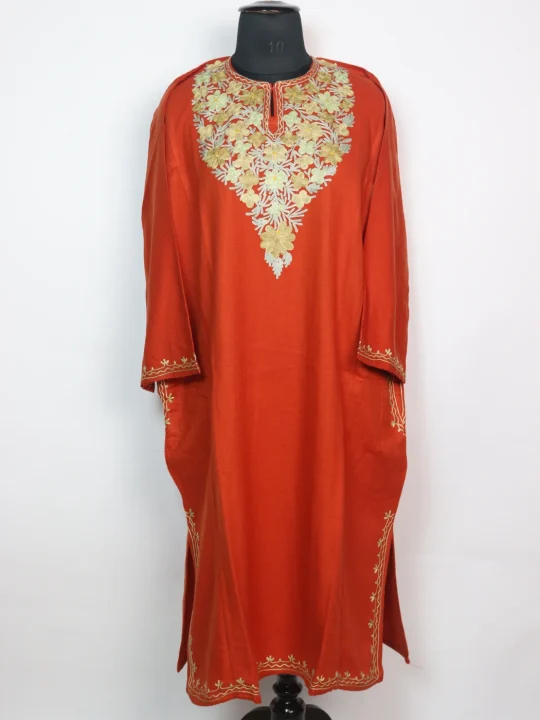 Orange Kashmiri Pheran In Cashmilon for Women With Aari Kadhai Aleena
