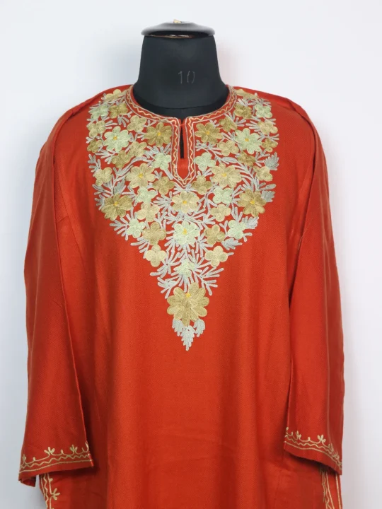 Orange Kashmiri Pheran In Cashmilon for Women With Aari Kadhai Aleena - Image 2