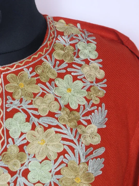 Orange Kashmiri Pheran In Cashmilon for Women With Aari Kadhai Aleena - Image 3