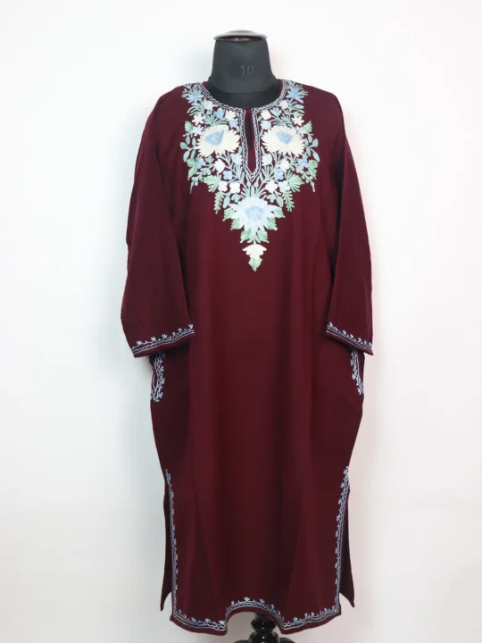 Humaira Kashmiri Pheran In Maroon Cashmilon for Women With Aari Work