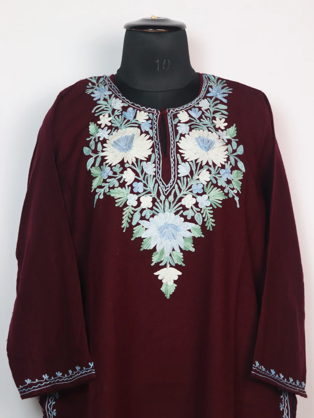 Humaira Kashmiri Pheran In Maroon Cashmilon for Women With Aari Work - Image 2