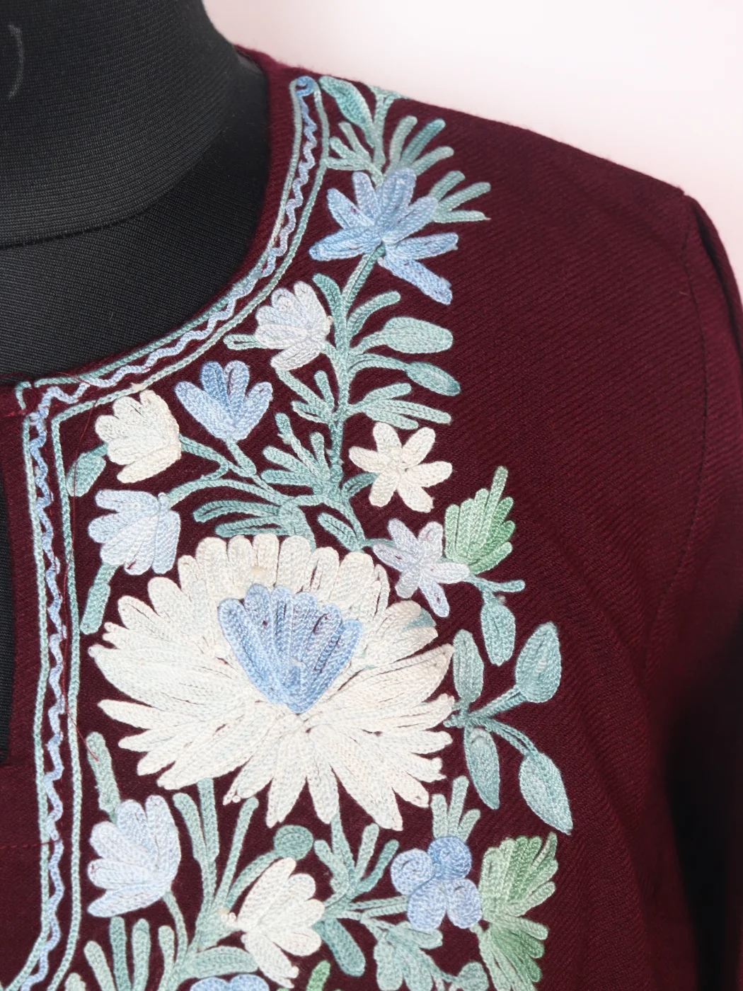 Humaira Kashmiri Pheran In Maroon Cashmilon for Women With Aari Work - Image 3