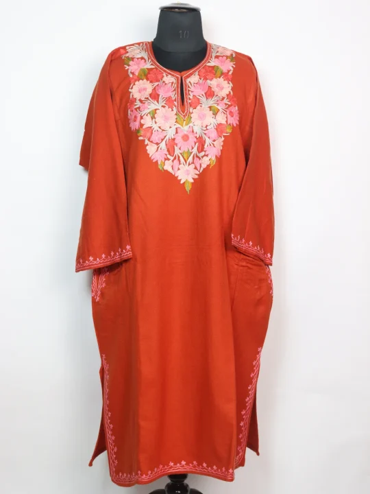 Kashmiri Pheran In Orange Cashmilon for Women With Aari Work Amaar