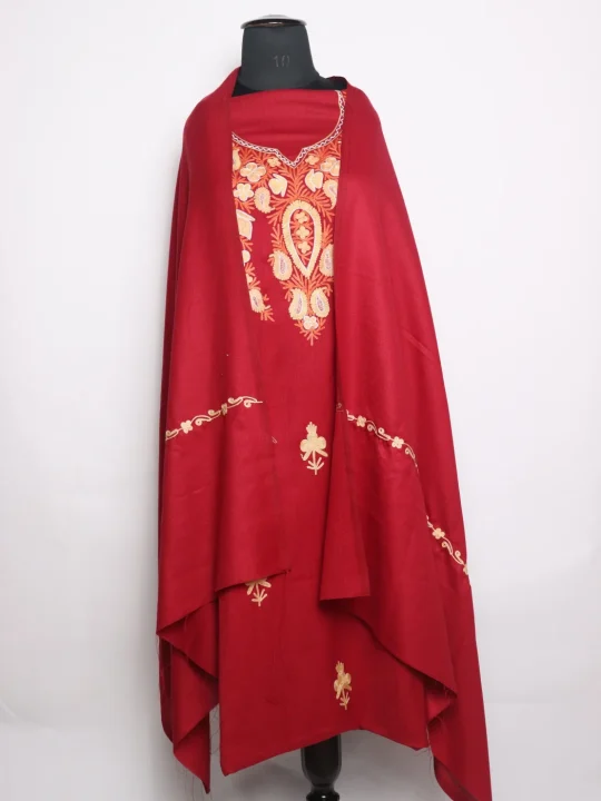 Sana Cotswool Dress Material In Aari Work With Dupatta 3Pc | Red