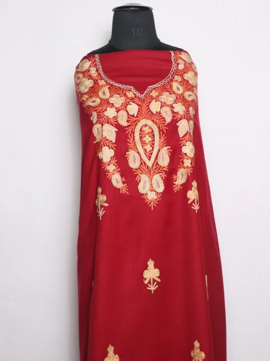 Sana Cotswool Dress Material In Aari Work With Dupatta 3Pc | Red - Image 2