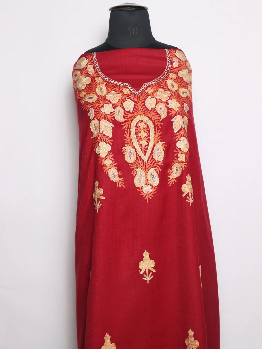 Sana Cotswool Dress Material In Aari Work With Dupatta 3Pc | Red - Image 2