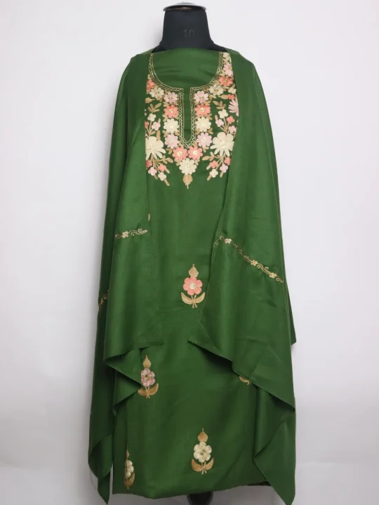 Kashmiri Dress Material In Green Cotswool With Aari Work And Dupatta 3Pc | Sana
