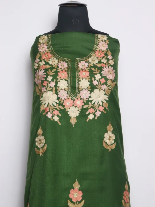 Kashmiri Dress Material In Green Cotswool With Aari Work And Dupatta 3Pc | Sana - Image 2