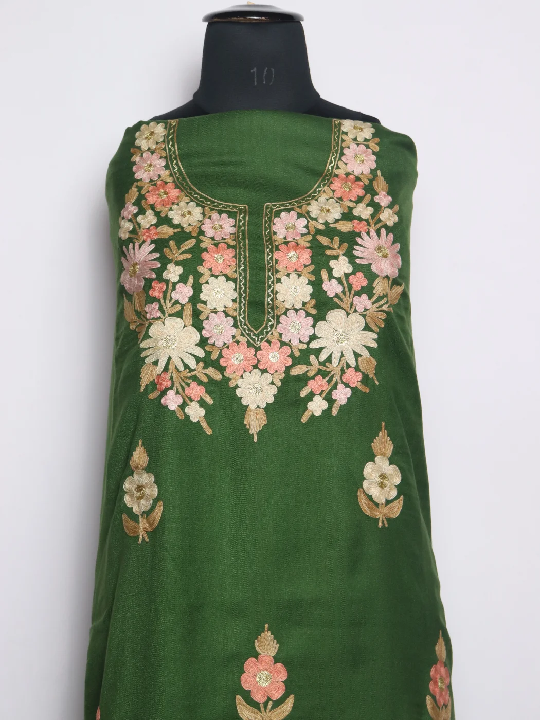 Kashmiri Dress Material In Green Cotswool With Aari Work And Dupatta 3Pc | Sana - Image 2
