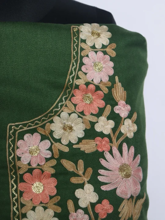 Kashmiri Dress Material In Green Cotswool With Aari Work And Dupatta 3Pc | Sana - Image 3