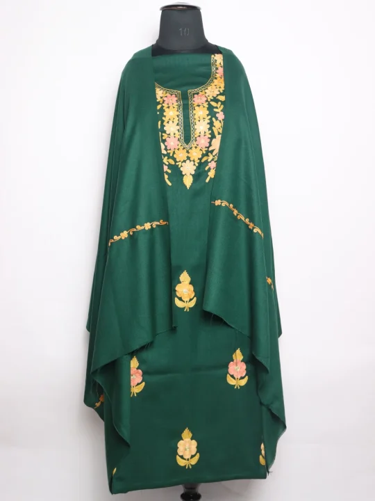 Green Cotswool Dress Material With Aari Work And Dupatta 3Pc | Sana