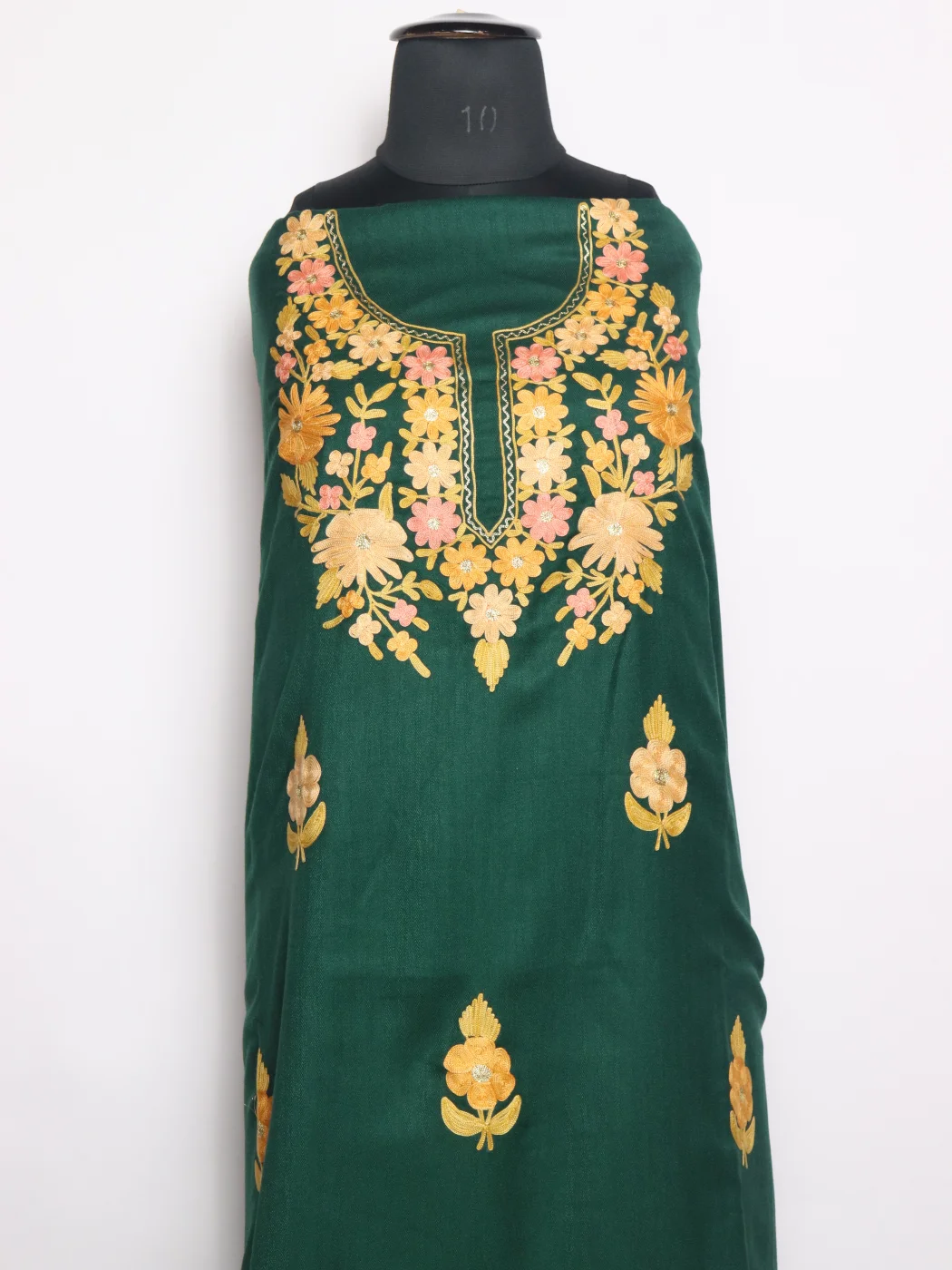 Green Cotswool Dress Material With Aari Work And Dupatta 3Pc | Sana - Image 2