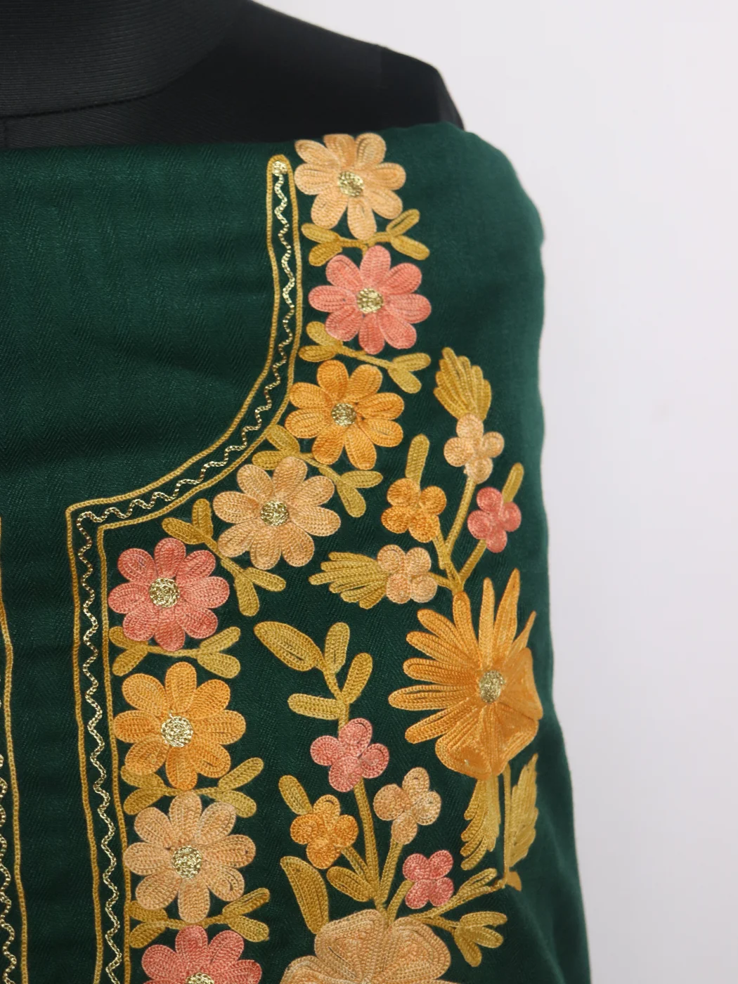 Green Cotswool Dress Material With Aari Work And Dupatta 3Pc | Sana - Image 3