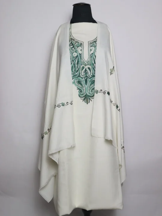 Sana Cotswool Dress Material With Dupatta In Aari Work 3Pc | White