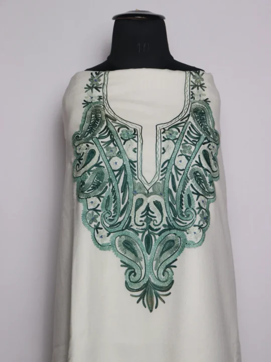 Sana Cotswool Dress Material With Dupatta In Aari Work 3Pc | White - Image 2