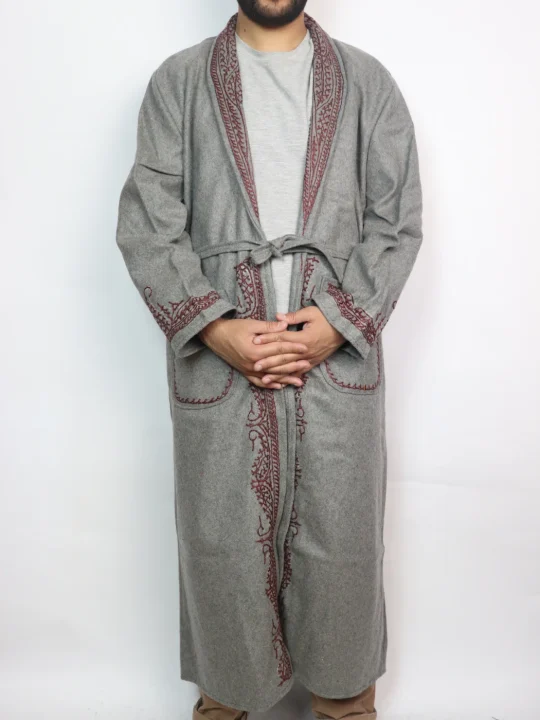 Kashmiri Tweed Grey Gown for Men With Hand Aari Work Gulmarg